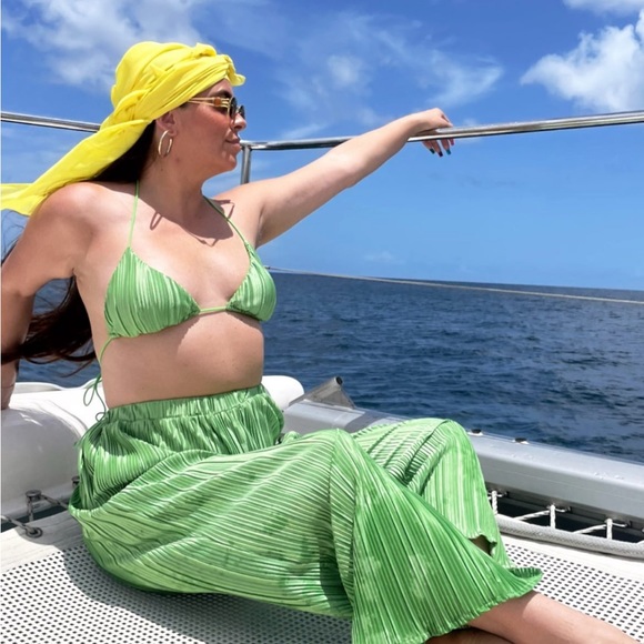 Boho 2 Piece triangle bikini  Top & Pleated Wide Leg Pants Set GREEN - Picture 2 of 5